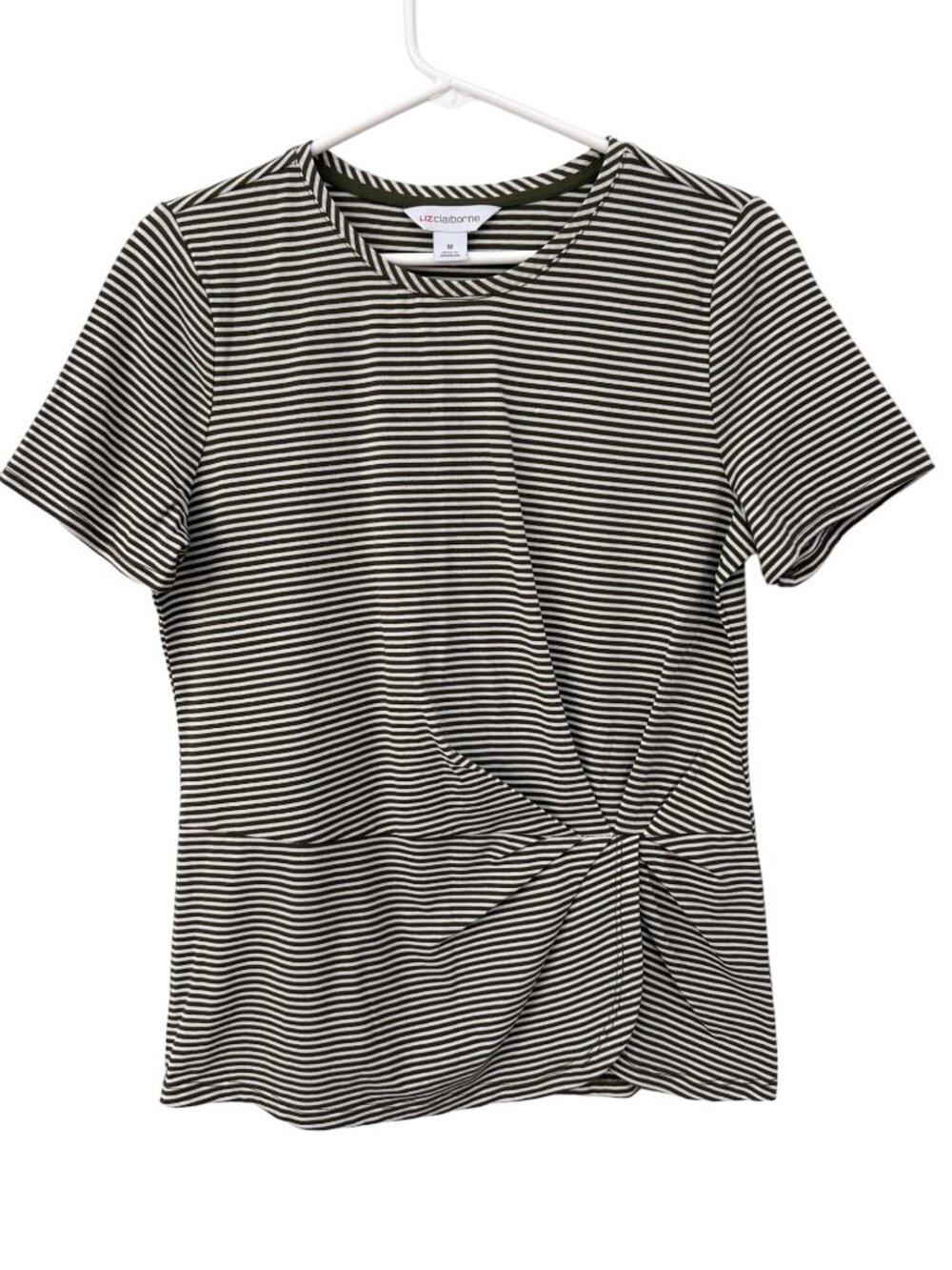 Liz Claiborne Striped Short Sleeve Top Womens Medium Twist Front Green White Tee